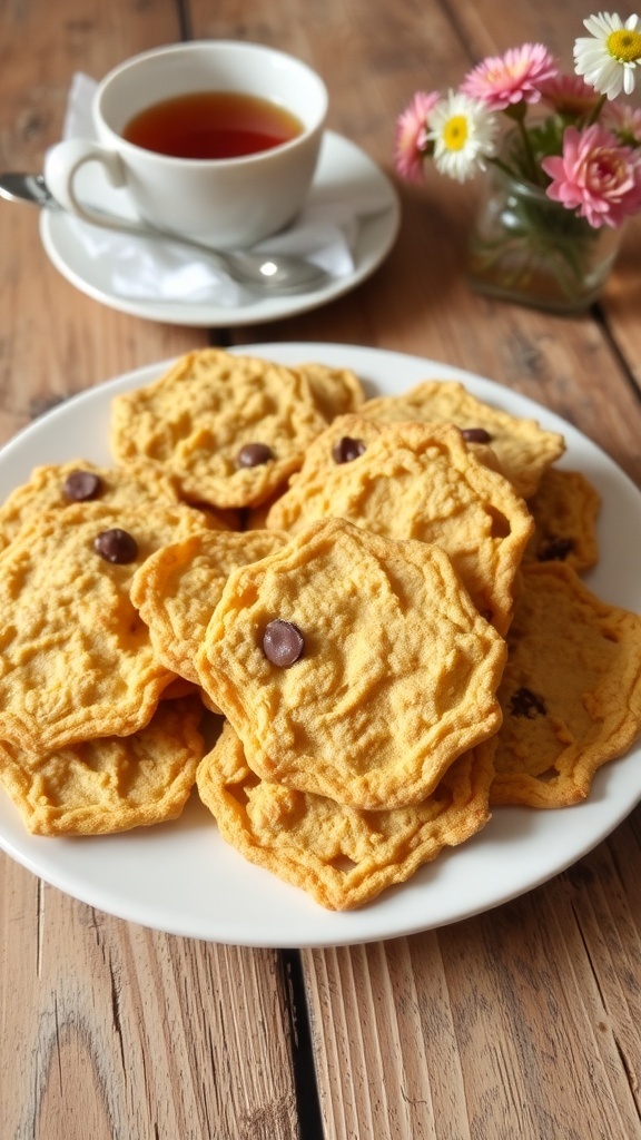 A plate of golden brown oat lace cookies with chocolate chips, served with tea on a rustic table.